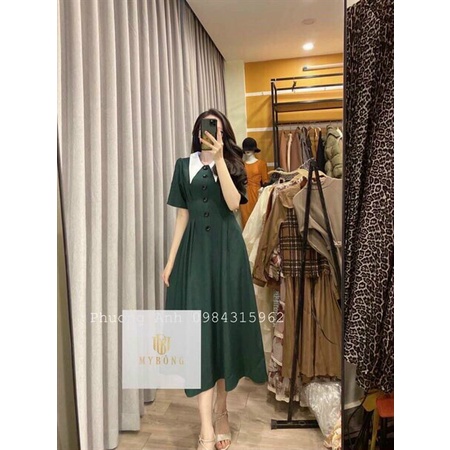 (Sale FreeShip) Mẫu mới hottren đầm nữ dáng xòe cổ phối màu cực xinh,tone xanh mặc trắng da,chất đẹp
