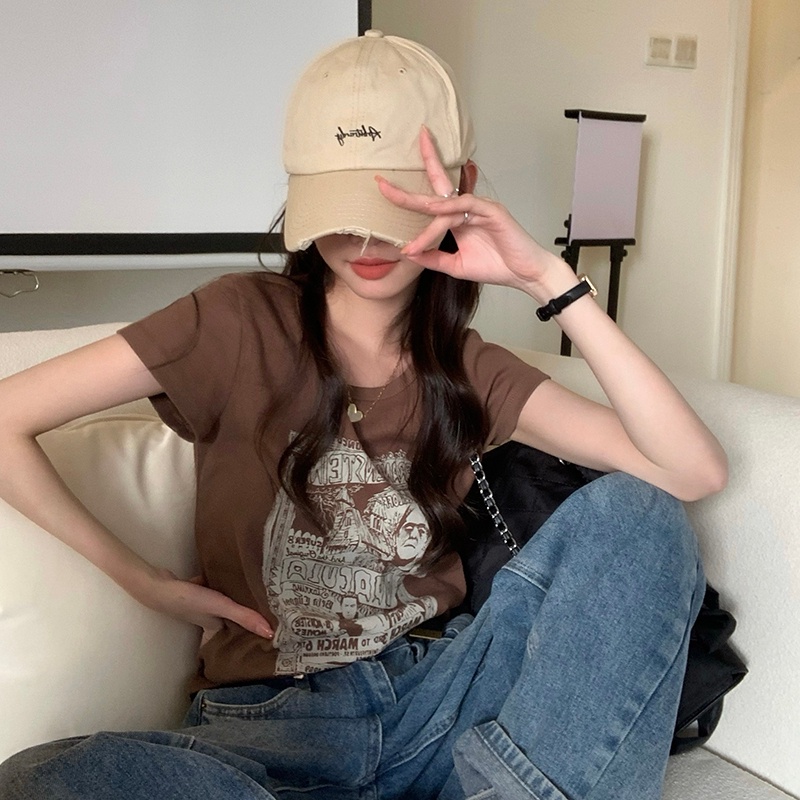 Áo thun SUXI tay ngắn cổ tròn in họa tiết phong cách dạo phố thời trang mùa hè dành cho nữ