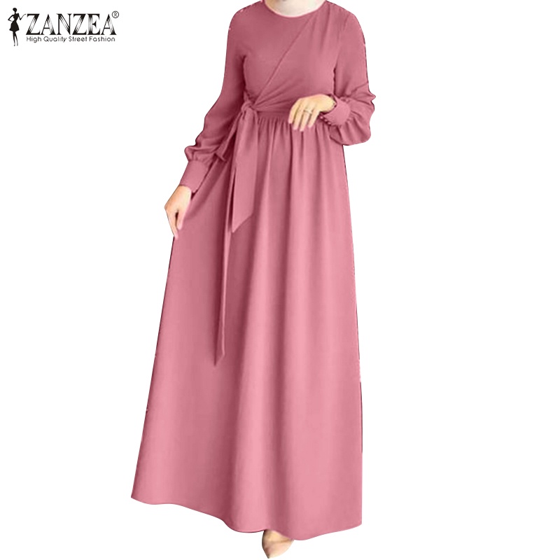 Zanzea Đầm Dài Màu Trơn Xếp Ly Cài Nút Thắt Lưng Tháo Được Thanh Lịch Cho Phụ Nữ Hồi Giáo