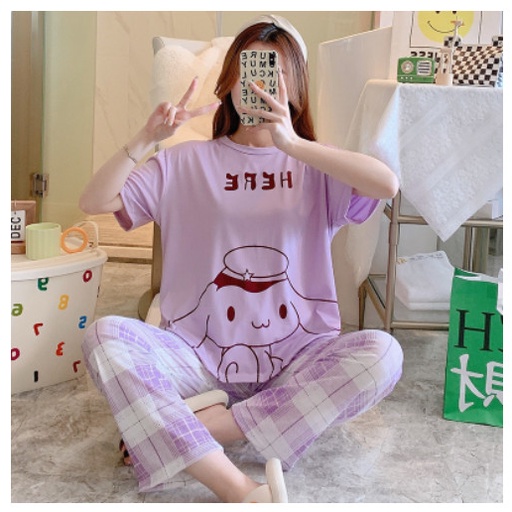 Đồ bộ thun sữa Quảng Châu, pijama quần dài, đồ mặc ở nhà họa tiết hoạt hình dễ thương
