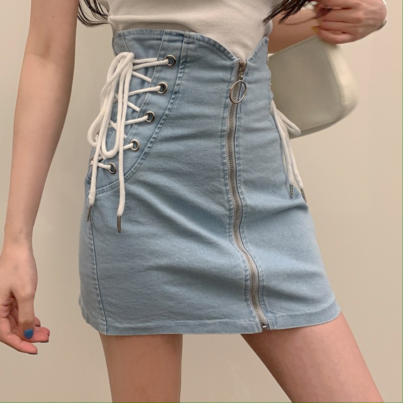 Váy jeans ngắn lưng cao thắt dây eo ôm tốn dáng dây kéo giữa ulzzang ( 2 màu )