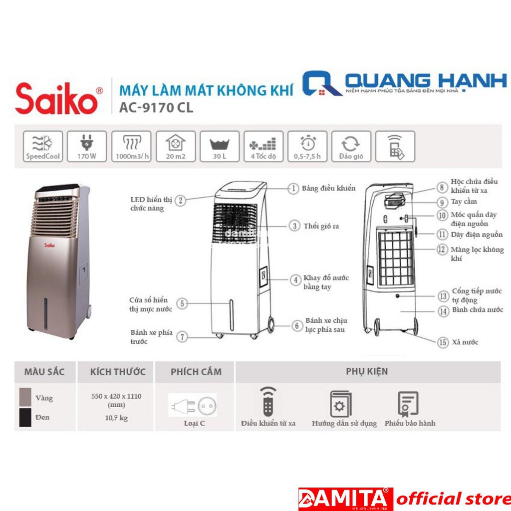 Máy làm mát không khí Saiko AC-9170CL - 30 lít - 20m2