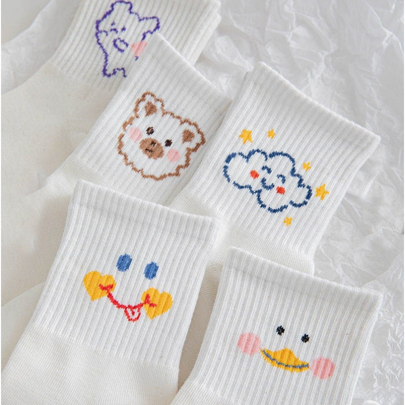 Tất Vớ Ngắn Cổ Nam Nữ Họa Tiết Mây Gấu Mặt Cười Màu Trắng Unisex Chất Liệu Vải Mềm