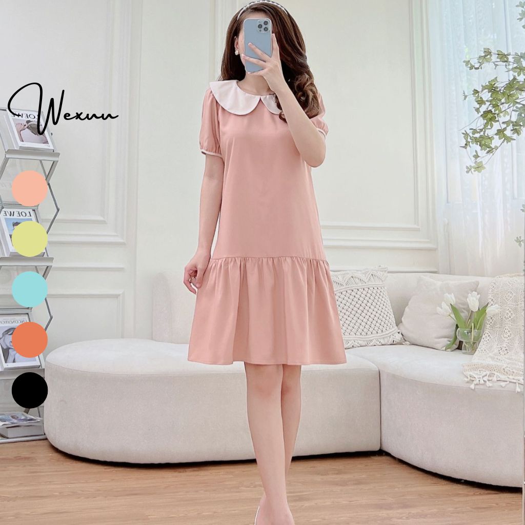 Váy babydoll tay ngắn cổ sen, đầm suông thiết kế dáng xòe nhẹ nhàng tiểu thư - Wexuu Design V11