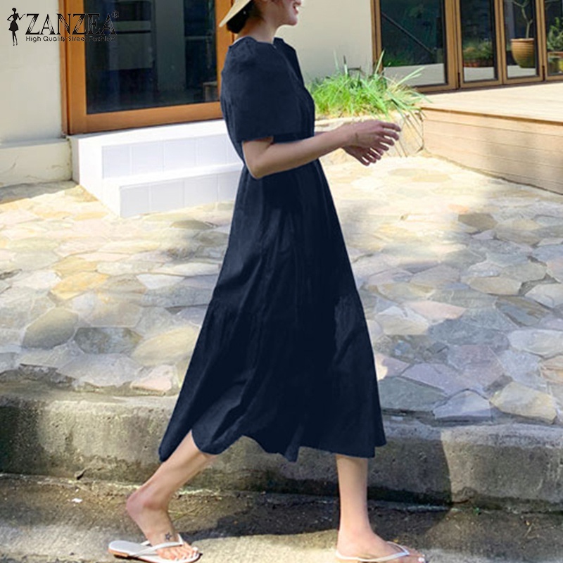 Đầm dáng dài Zanzea tay ngắn cổ vuông màu trơn thời trang cho nữ