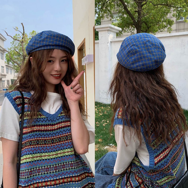 Mũ nồi kẻ sọc caro đáng yêu phong cách Hàn Quốc dành cho nữ
