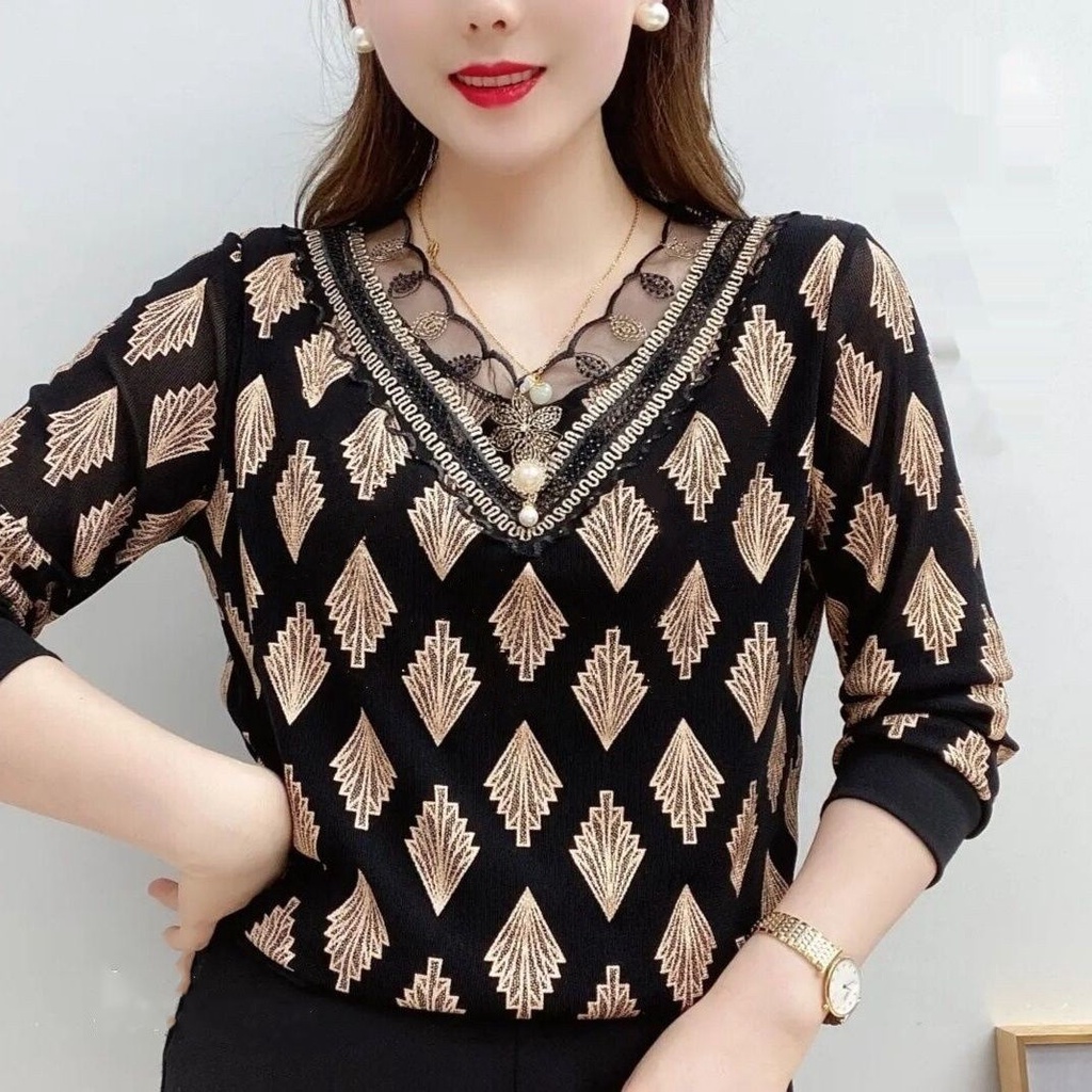 ☍▦Áo thun sợi lưới trên cùng mùa thu và đông nữ bà mẹ trung niên mặc dài tay ren bên trong mới 2021 | BigBuy360 - bigbuy360.vn