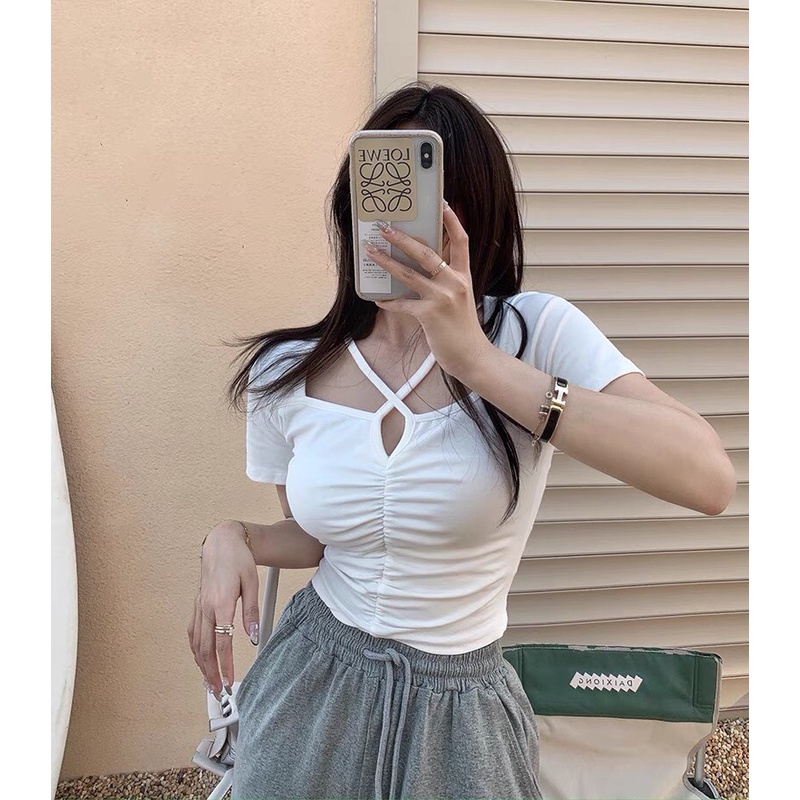 Áo thun croptop nữ cộc tay ĐAN DÂY CHÉO ngực hở eo đen trắng ghi freesize phom ôm body tôn dáng sexy
