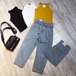 Baggy jean cạp cao kèm belt