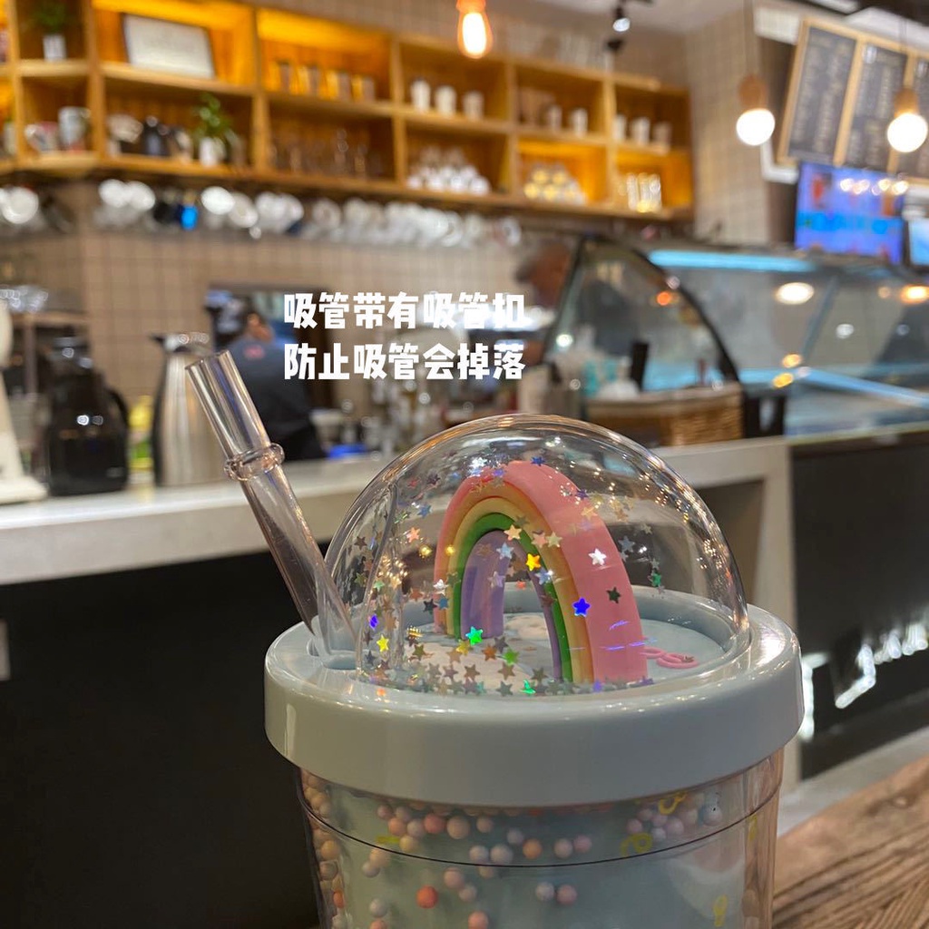 Cốc Nhựa Uống Nước Starbucks Màu Cầu Vồng Họa Tiết Hoạt Hình Hai Lớp Ống Hút 600ml