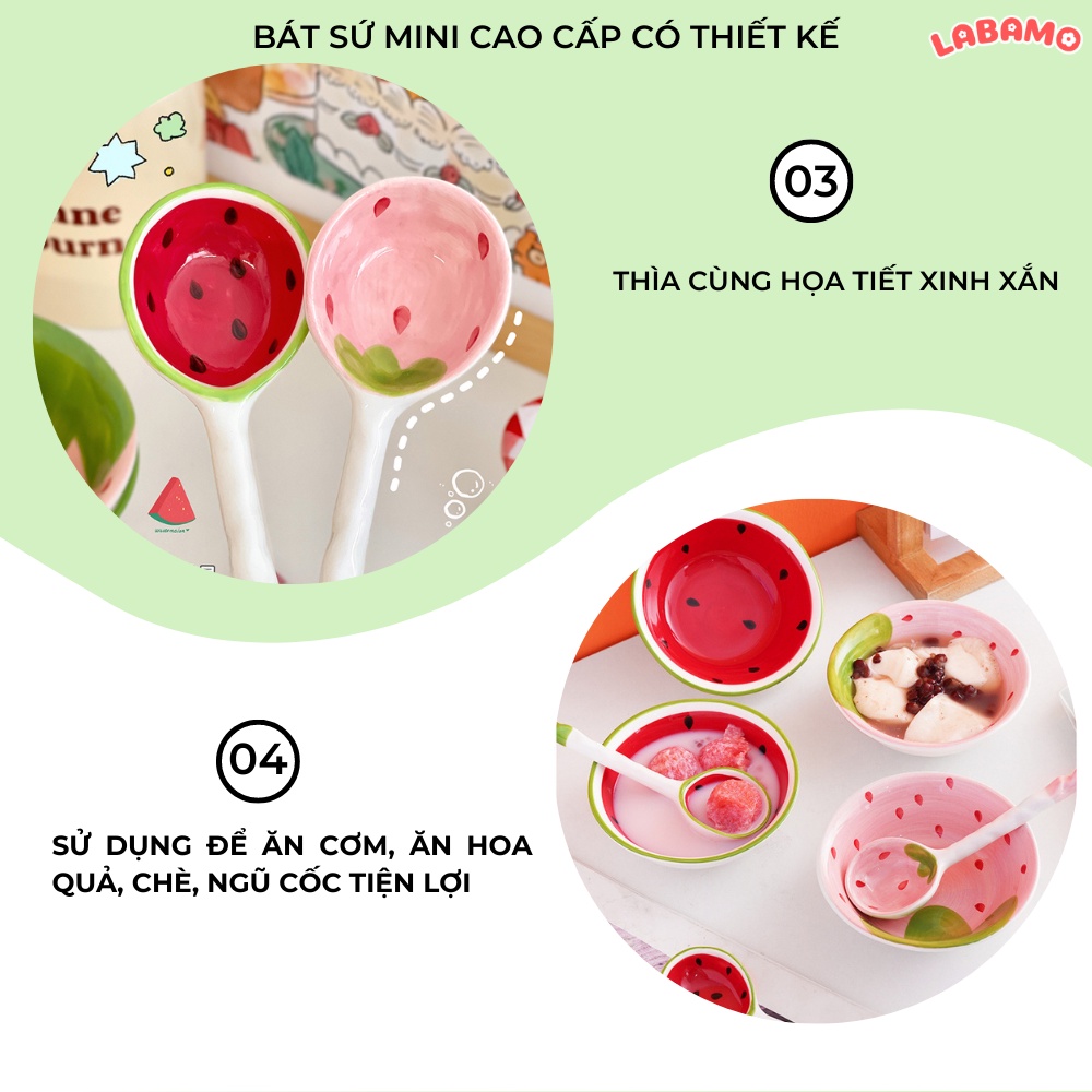 Bát sứ decor ăn cơm ngũ cốc hình quả dâu dưa hấu kèm thìa cute LABAMO