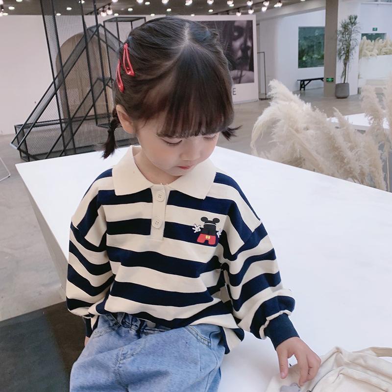 Áo thun Polo dài tay họa tiết kẻ sọc thời trang thu đông cho bé gái