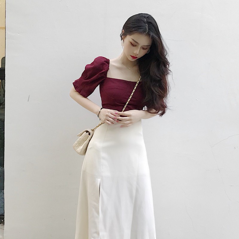 Set áo tay bồng cổ vuông dáng lửng màu đỏ mix chân váy / đầm trắng xẻ tà dáng dài xinh xắn V00128 | BigBuy360 - bigbuy360.vn