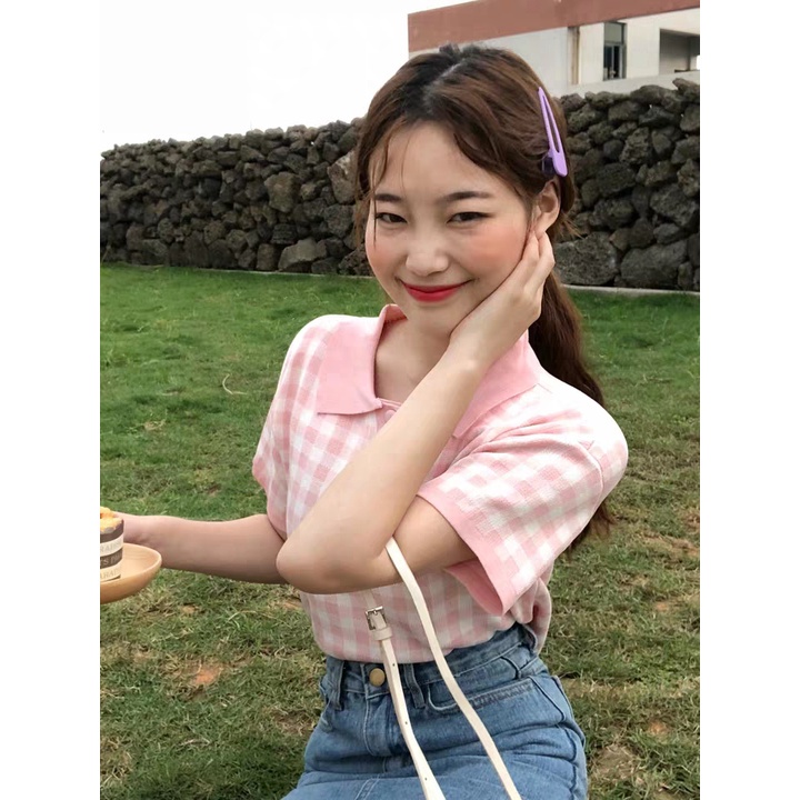 Porozi  Áo croptop dệt kim tay ngắn cổ polo họa tiết sọc caro thời trang xinh xắn cho nữ