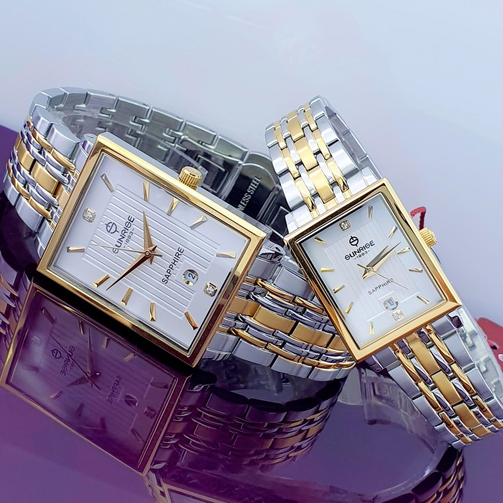 Đồng hồ cặp nam và nữ SUNRISE 1190SA_Dây thép không gỉ đúc đặc mạ PVD