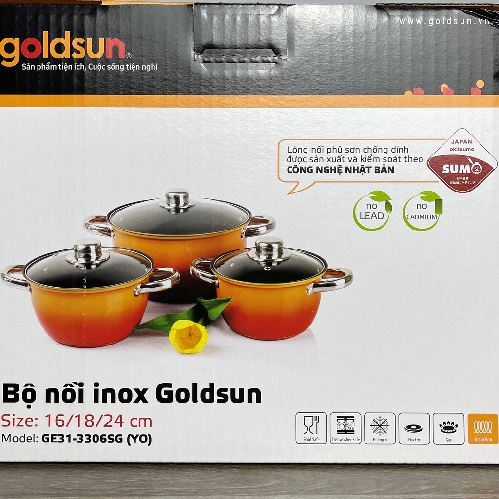 Bộ nồi inox đáy từ Goldsun GE31-3306SG kích thước 16-20-24 cm, chống dính cao cấp của Mỹ an toàn cho sức khỏe