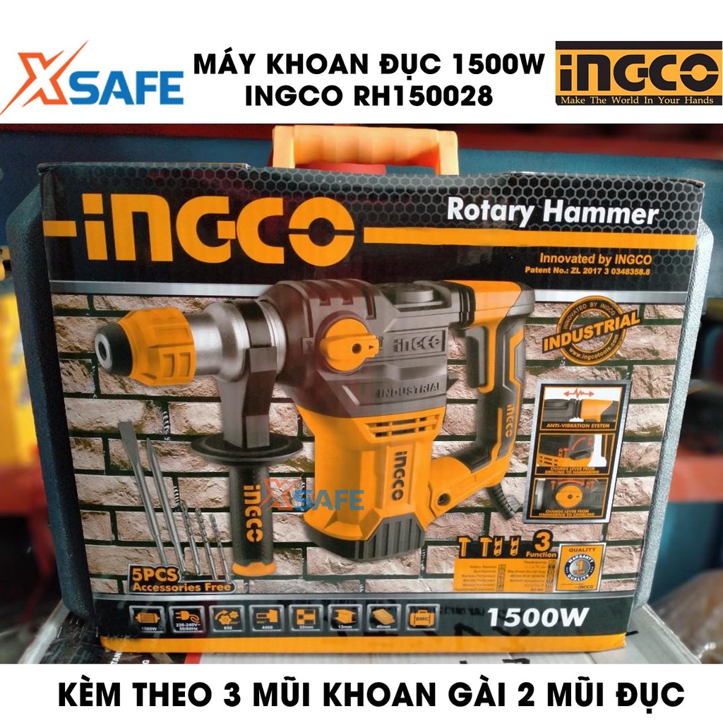 Máy khoan búa dùng pin 3 chức năng 1500W INGCO RH150028 Đầu gài sds, tốc độ 850rpm, tốc độ đập 4400bpm, lực đập 5,5j