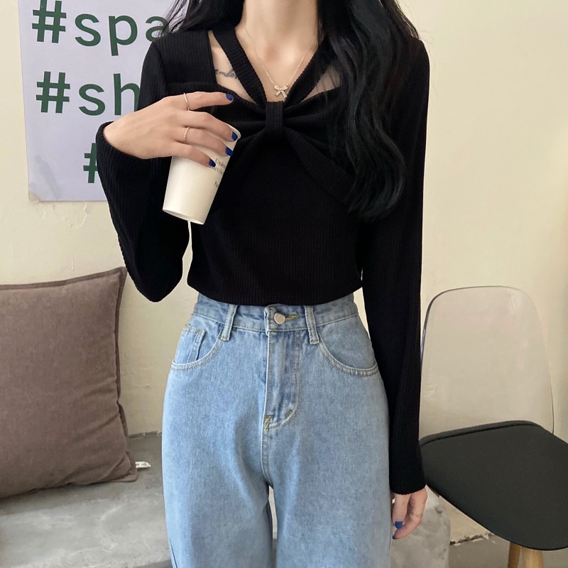 Áo kiểu ZHELIHANGFEI dệt kim tay dài thiết kế thắt nút nơ xinh xắn thời trang dành cho nữ