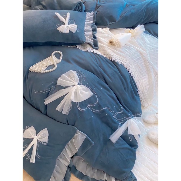 TRỌN BỘ CHĂN GA GỐI NỈ NHUNG ĐÍNH NƠ ĐIỆU ĐÀ CAO CẤP