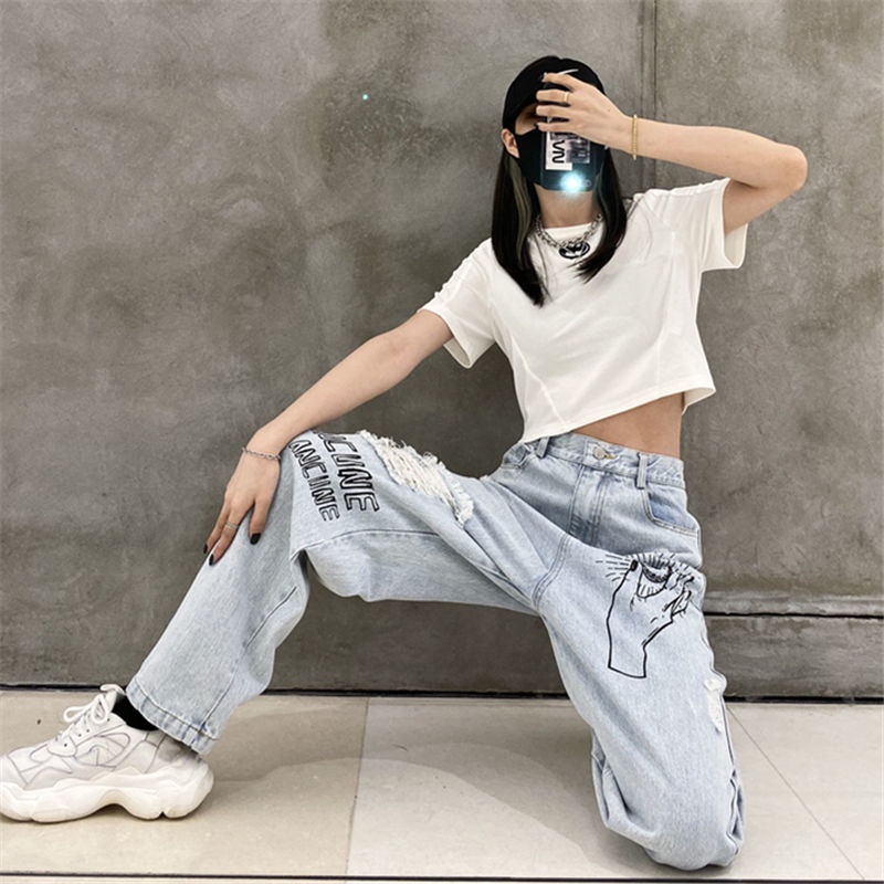 Jiashucheng Quần Jean Dài Lưng Cao Ống Rộng Phối Rách In Họa Tiết Cá Tính