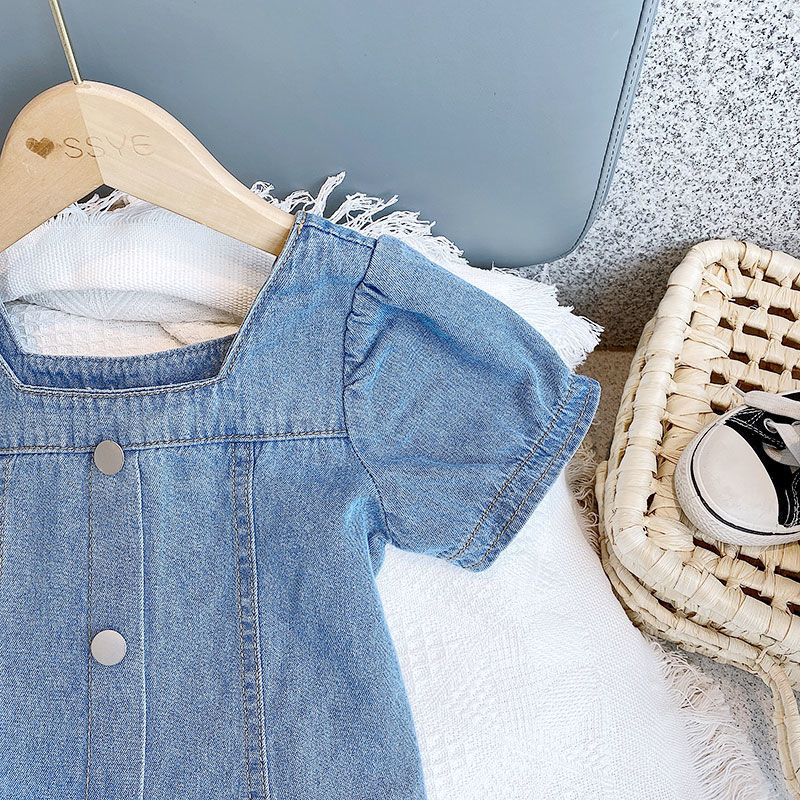 Đầm Denim Tay Phồng Phong Cách Hàn Quốc Thời Trang Mùa Hè Xinh Xắn Cho Bé Gái