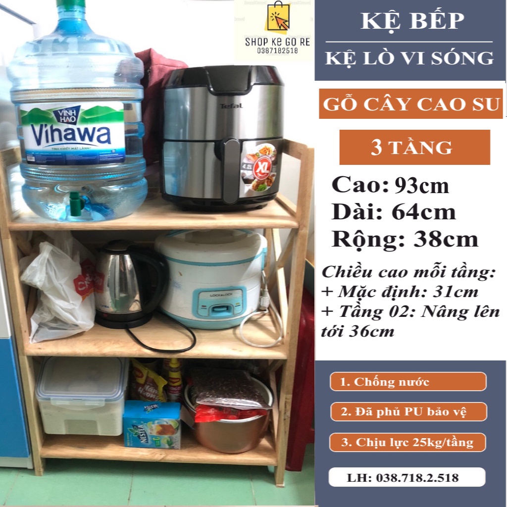 Kệ Lò Vi Sóng Gỗ Cao Su 3 Tầng 64cm