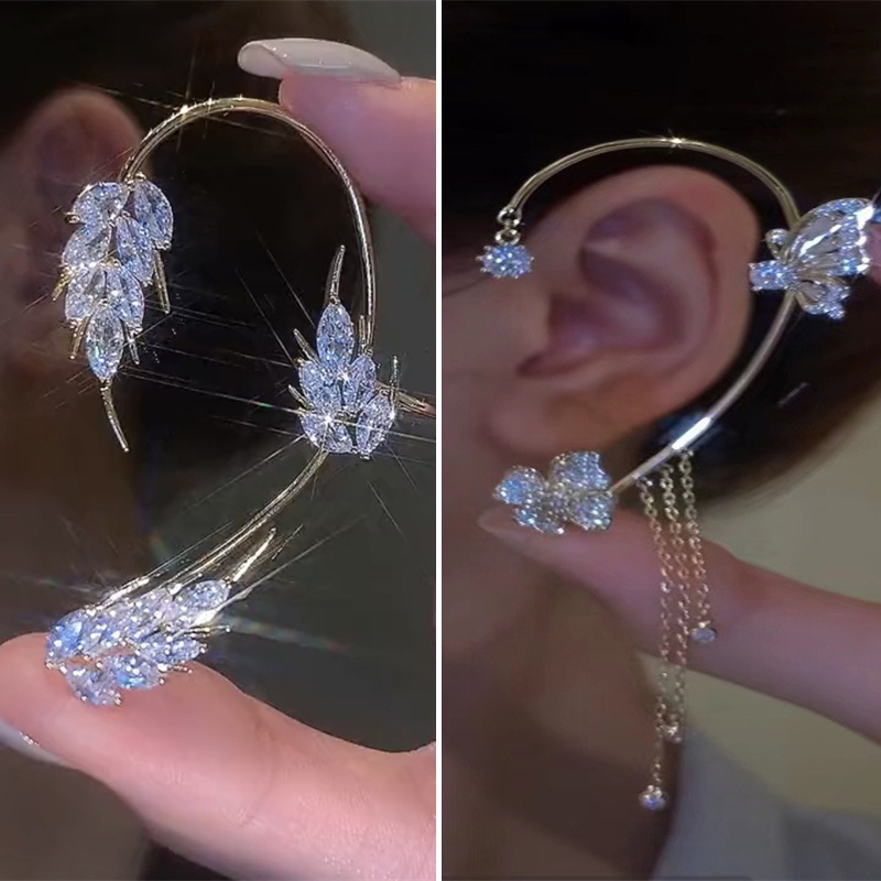 Tik Tok Bán Chạy Khuyên Tai Kẹp Vành Không Cần Xỏ Lỗ Hình Hoa Lá Lông Vũ Kim Cương Lấp Lánh Thời Trang Cho Nữ