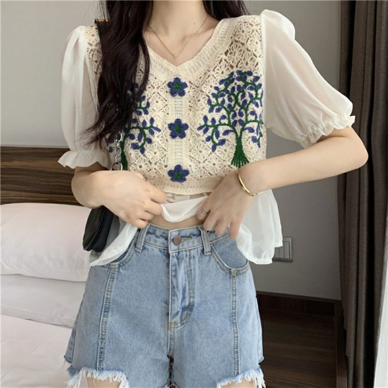 Áo Sơ Mi Chiffon Tay Ngắn Phồng Cổ Chữ V Thêu Họa Tiết Hoa Thời Trang Cho Nữ