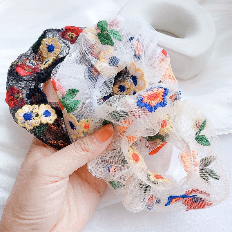 Dây Cột Tóc Lưới Vải Scrunchies Bông Hoa Nhiều Màu.