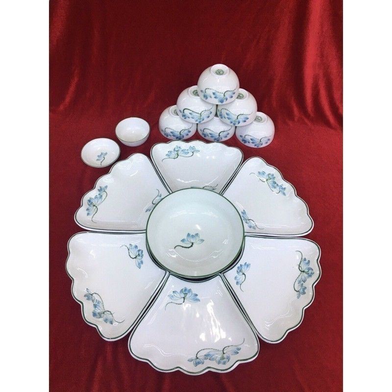 Bộ bát đĩa hoa mặt trời vẽ sen xanh ĐK48cm.Sứ Bát Tràng. Hàng y hình
