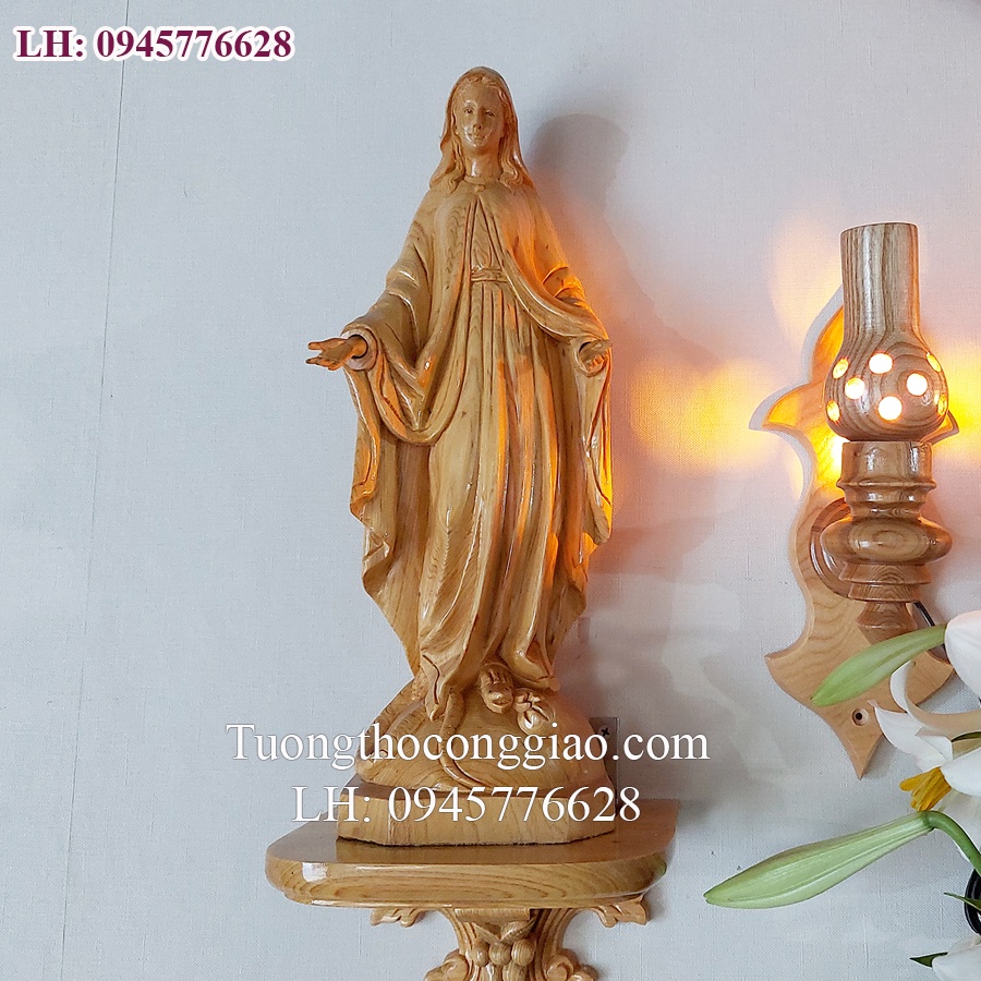Bàn thờ Chúa bằng gỗ Kệ chùm nho nhỏ bộ tượng gỗ 40cm Thánh Giá 70cm
