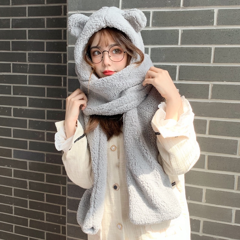 Mũ len hàn quốc lông cừu tai gấu cao cấp Zozo mũ len nữ trùm đầu kèm khăn quàng cổ mùa đông giữ ấm dễ thương