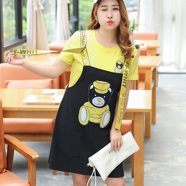 Set đầm yếm kèm áo thun vàng hình gấu nhập khẩu size ngoại cỡ 65-95kg