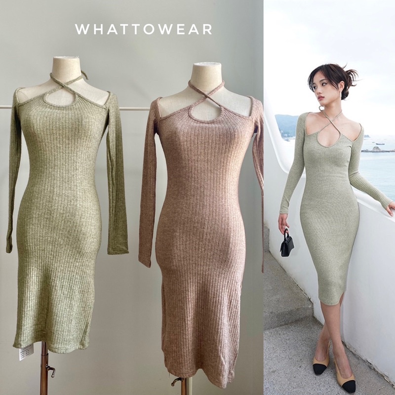 Đầm ôm body thun len khoét ngực giọt nước cột dây tay dài