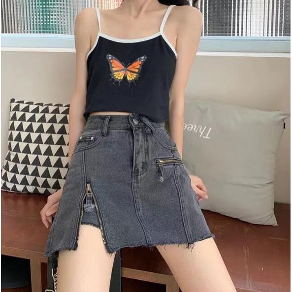 Jiashucheng Chân Váy Jean Chữ a Lưng Cao Xẻ Tà Thời Trang Cho Nữ