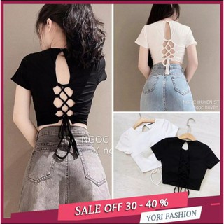 Áo thun tay cọc đan dây sau lưng, áo croptop đan dây