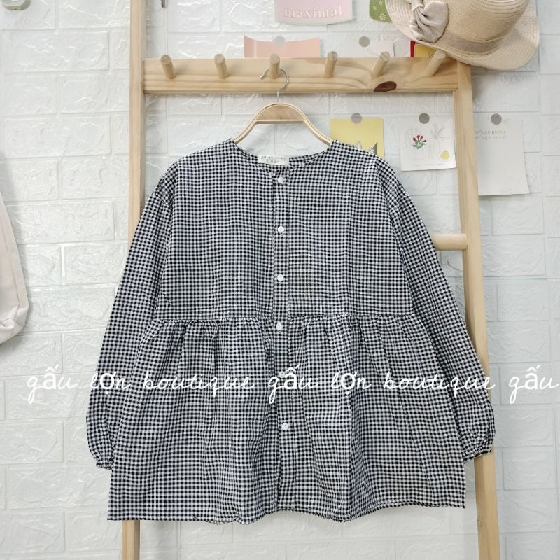 Áo babydoll kẻ caro kèm khăn quàng ulzzang hàn quốc