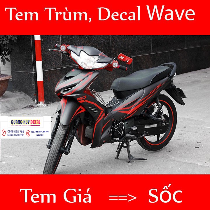 Tem trùm wave rsx đen chỉ đỏ, độ phủ bộ team decal cho xe máy rẻ đẹp