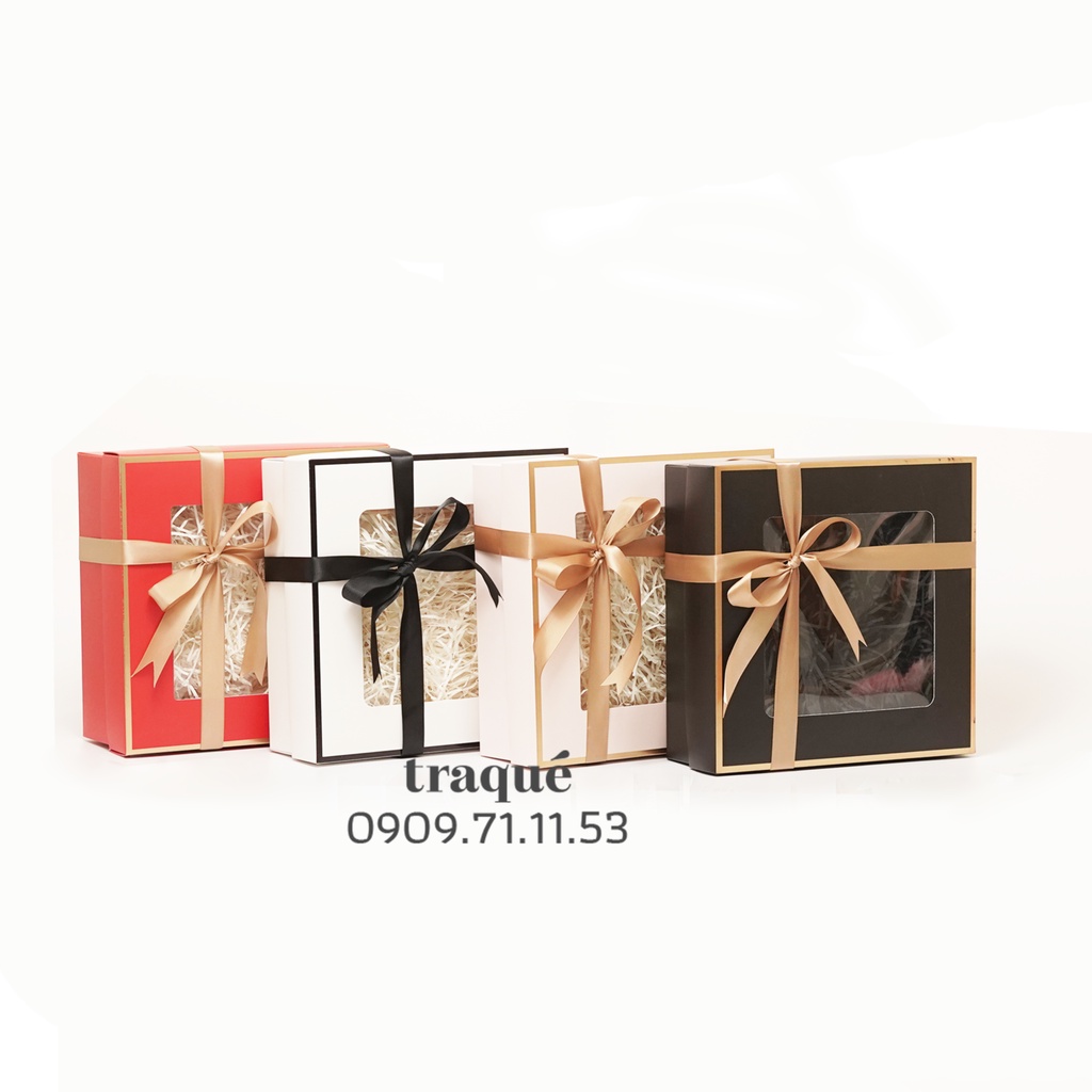 [5 màu - 6 mẫu hoa trang trí] Hộp quà hình vuông viền kim vàng + giấy lót rơm &amp; ruy băng gói quà tặng sinh nhật, tân gia
