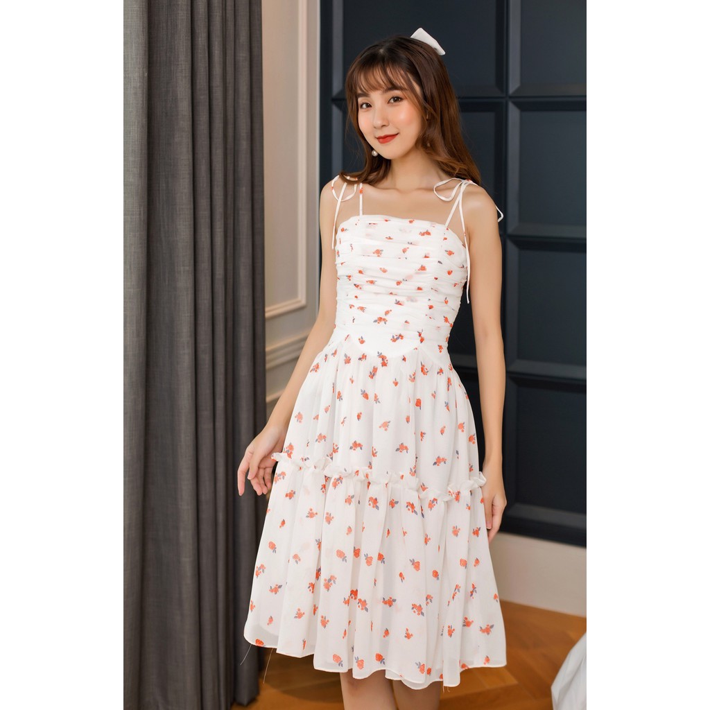 SÒ VINTAGE - LUMI Đầm hoa cột dây dây xếp ngực