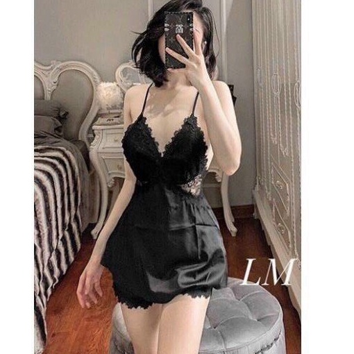 Đồ ngủ sexy / Đồ ngủ 2 dây chéo lưng phối ren, chất liệu lụa satin cao cấp, freesize dưới 65kg, kèm quần ren so cute Sex | BigBuy360 - bigbuy360.vn