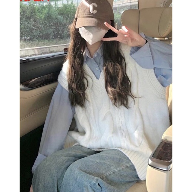 Áo gile len nữ trắng áo gile form rộng cá tính shop Lee Boutique