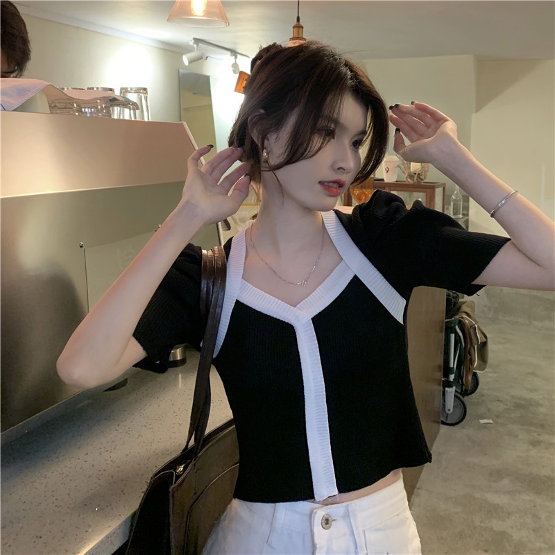 Xiaozhainv Áo Croptop Tay Phồng Cổ Chữ V Màu Đen Thời Trang Mùa Hè