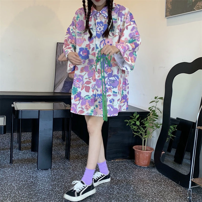 COZOK Áo Sơ Mi Oversize In Họa Tiết Hoa Tương Phản Phong Cách Hàn Quốc
