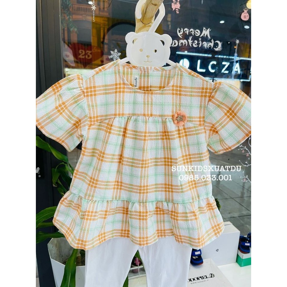 Set Aga. bang áo kẻ cam + legging trắng