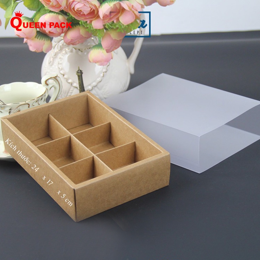 [QP-G] SET 5 Cái hộp giấy vuông kraft loại 4 ngăn và 6 ngăn đựng bánh kèm nắp nhựa mica mờ