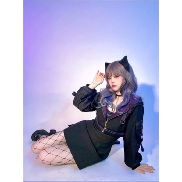 YAS0816-Set áo khoác váy den tím cá tính