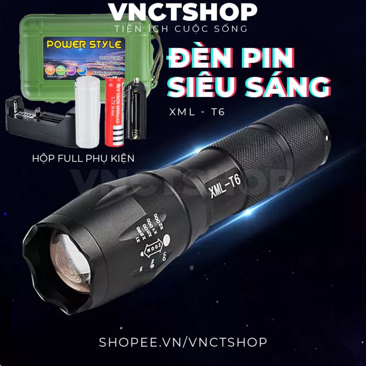 Đèn pin siêu sáng mini xml t6 police bin led cầm tay chống nước chiếu xa sạc điện chính hãng