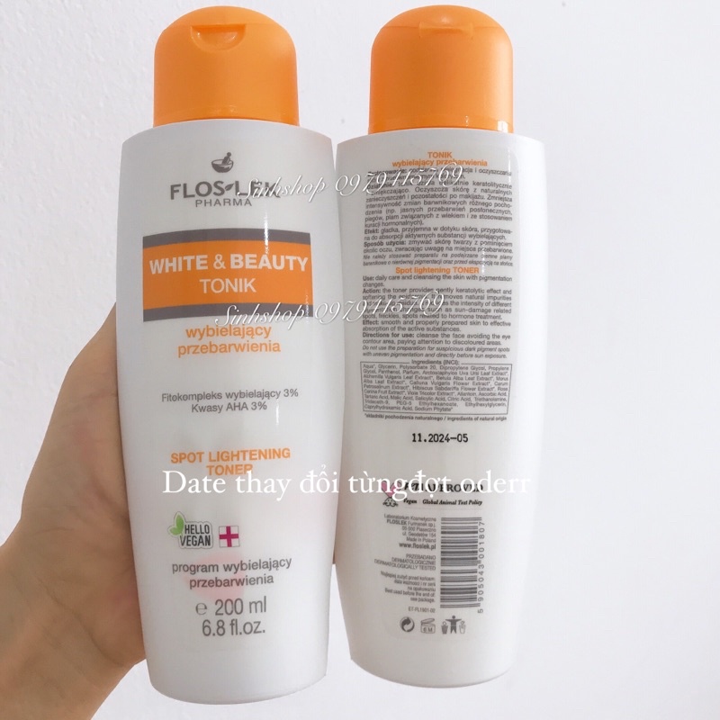 Toner AHA Flos-lek White & Beauty dành cho da nám, tàn nhan, sạm màu hàng nội địa balan 200ml