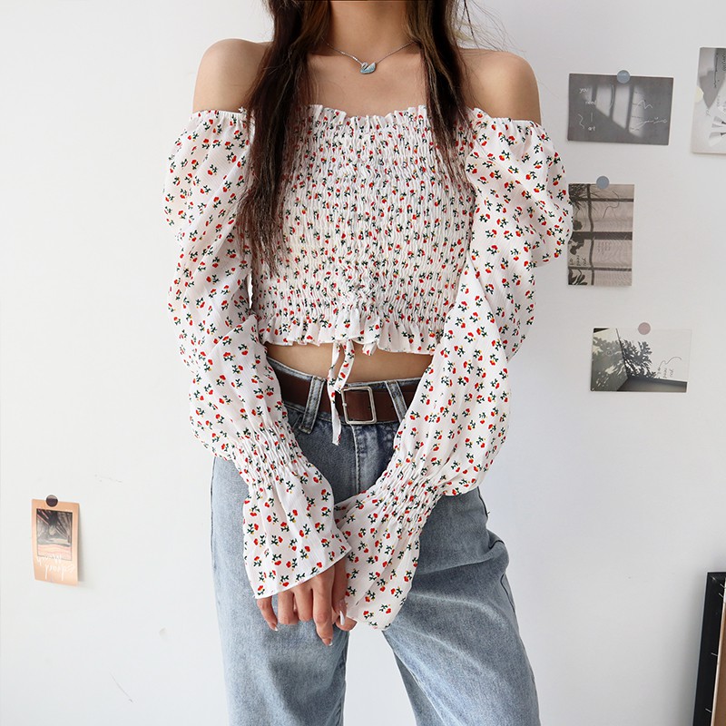 Áo croptop voan trễ vai ulzzang rúm ngực hoa nhí siêu xinh